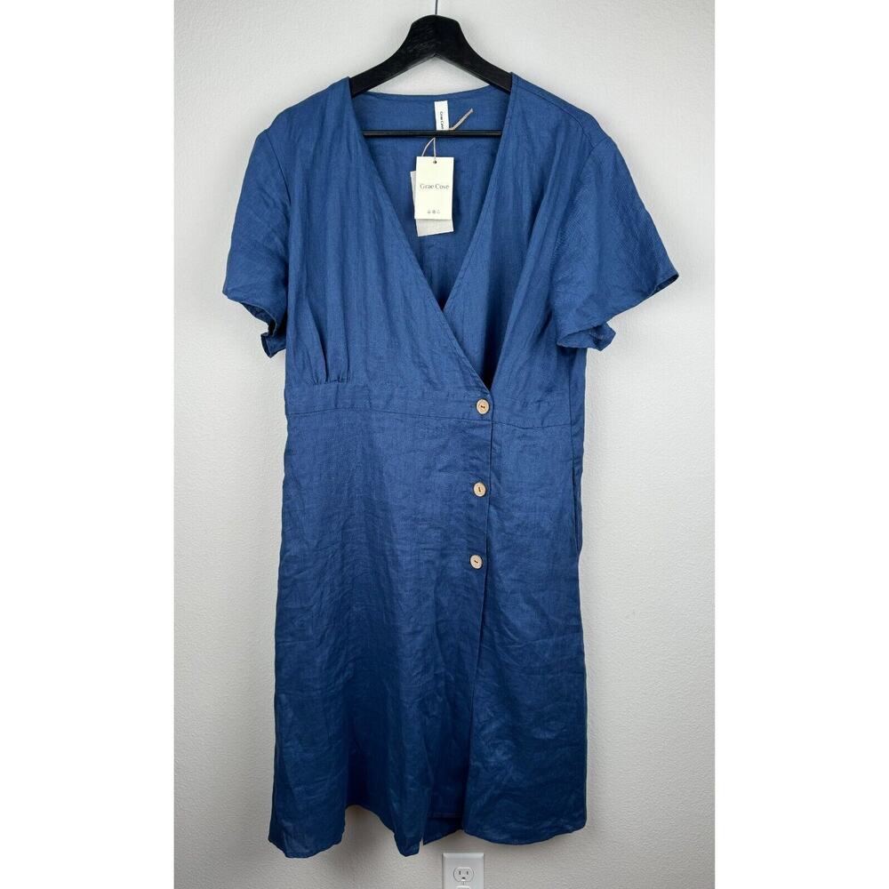 Grae Cove Dress Womens Size XXL 2XL Blue Short Sleeve Linen Button Lagenlook NWT